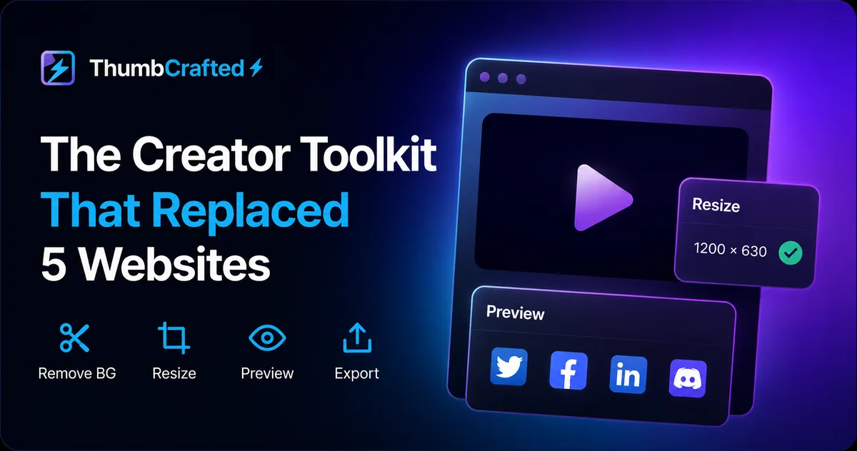 ThumbCrafted share-card preview — "The Creator Toolkit That Replaced 5 Websites" with Remove BG, Resize, Preview, and Export, rendering cleanly across Twitter, Facebook, LinkedIn, and Discord