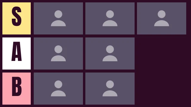 Beauty YouTube thumbnail template: Tier List layout in the Dusk colourway, sample words "S A B", with 7 empty photo slots (S pick 1, S pick 2, S pick 3, A pick 1, A pick 2, B pick 1, B pick 2)