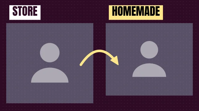 Cooking YouTube thumbnail template: Then and Now layout in the Dusk colourway, sample words "STORE HOMEMADE", with 2 empty photo slots (Before, After)