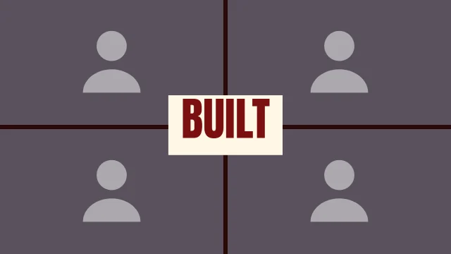 DIY YouTube thumbnail template: Grid of Four layout in the Hot Sauce colourway, sample words "BUILT", with 4 empty photo slots (Photo 1, Photo 2, Photo 3, Photo 4)