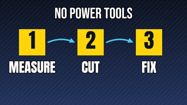 DIY YouTube thumbnail template: Three Steps layout in the Night Shift colourway, sample words "NO POWER TOOLS 1 MEASURE 2 CUT 3 FIX"