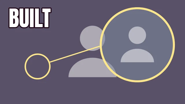 DIY YouTube thumbnail template: Zoom Inset layout in the Dusk colourway, sample words "BUILT", with 2 empty photo slots (Your wide shot, The close-up)