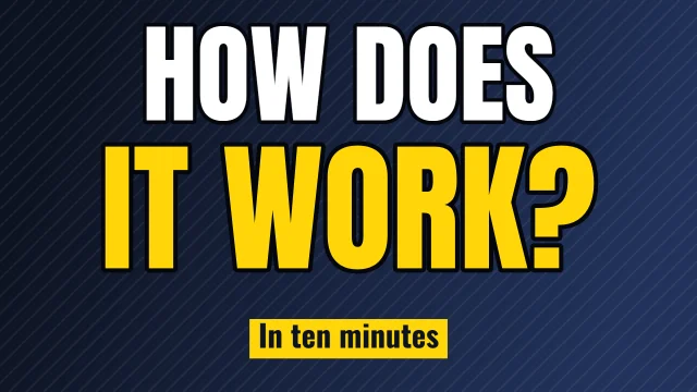 Education YouTube thumbnail template: Big Question layout in the Night Shift colourway, sample words "HOW DOES IT WORK? In ten minutes"