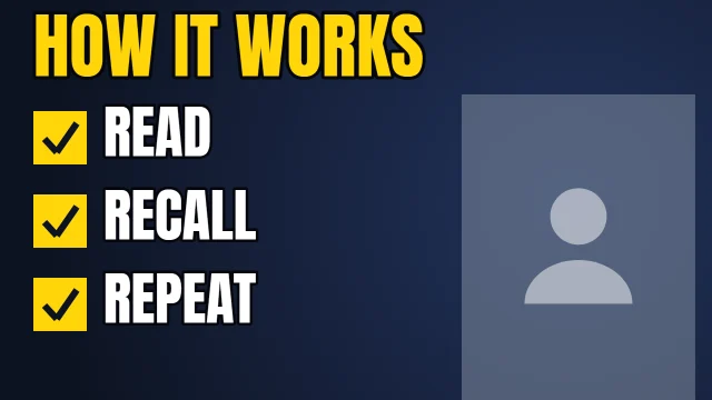 Education YouTube thumbnail template: Checklist layout in the Night Shift colourway, sample words "HOW IT WORKS READ RECALL REPEAT", with 1 empty photo slot (Your face)