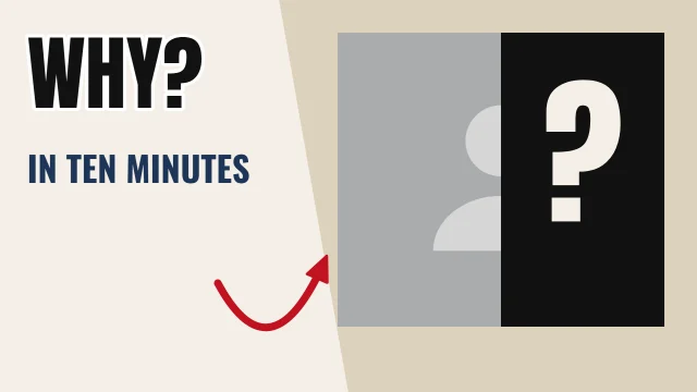 Education YouTube thumbnail template: Hidden layout in the Newsprint colourway, sample words "WHY? IN TEN MINUTES ?", with 1 empty photo slot (The reveal)