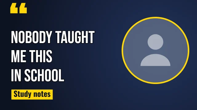 Education YouTube thumbnail template: Quote Card layout in the Night Shift colourway, sample words "NOBODY TAUGHT ME THIS IN SCHOOL Study notes", with 1 empty photo slot (Guest)
