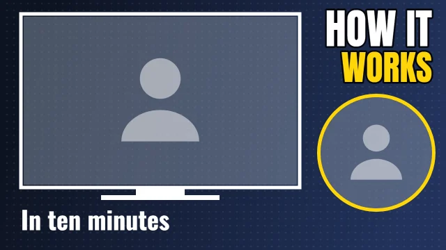 Education YouTube thumbnail template: Screen Frame layout in the Night Shift colourway, sample words "HOW IT WORKS In ten minutes", with 2 empty photo slots (Your screen, Your face)