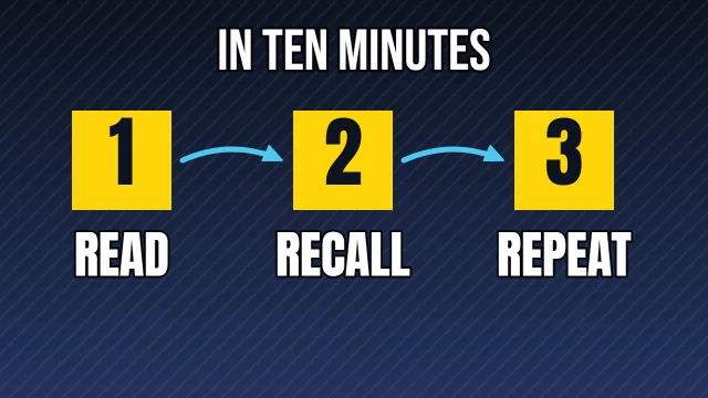 Education YouTube thumbnail template: Three Steps layout in the Night Shift colourway, sample words "IN TEN MINUTES 1 READ 2 RECALL 3 REPEAT"