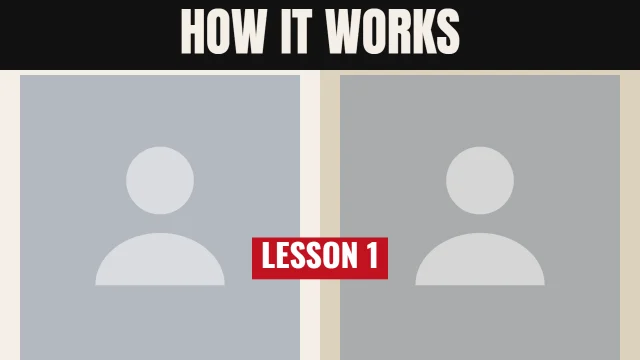 Education YouTube thumbnail template: Two Guests layout in the Newsprint colourway, sample words "HOW IT WORKS LESSON 1", with 2 empty photo slots (Guest 1, Guest 2)