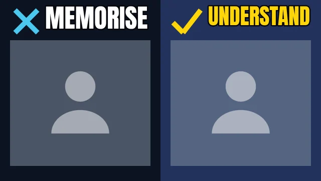 Education YouTube thumbnail template: Yes and No layout in the Night Shift colourway, sample words "MEMORISE UNDERSTAND", with 2 empty photo slots (The wrong way, The right way)