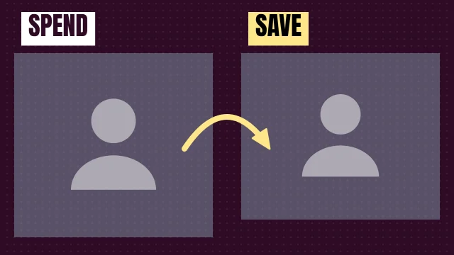 Finance YouTube thumbnail template: Then and Now layout in the Dusk colourway, sample words "SPEND SAVE", with 2 empty photo slots (Before, After)