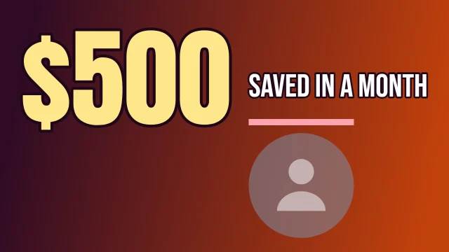 Finance YouTube thumbnail template: Big Number layout in the Dusk colourway, sample words "$500 SAVED IN A MONTH", with 1 empty photo slot (Your face)