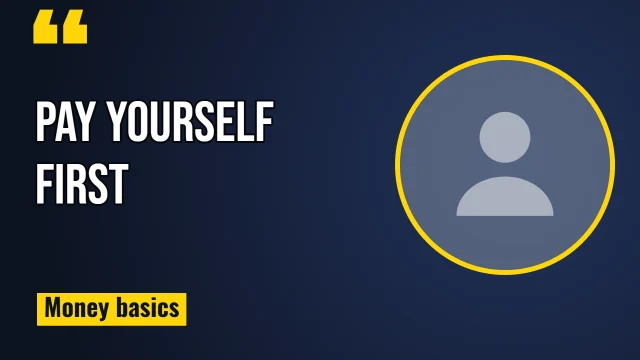 Finance YouTube thumbnail template: Quote Card layout in the Night Shift colourway, sample words "PAY YOURSELF FIRST Money basics", with 1 empty photo slot (Guest)