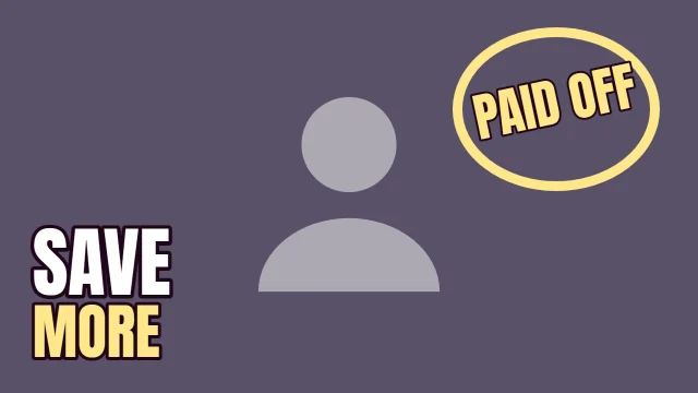Finance YouTube thumbnail template: Stamped layout in the Dusk colourway, sample words "PAID OFF SAVE MORE", with 1 empty photo slot (Your photo)