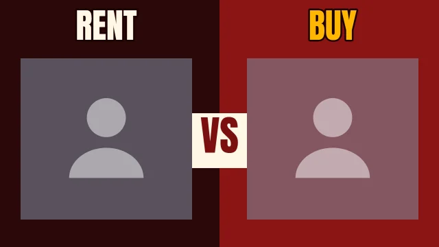 Finance YouTube thumbnail template: Head to Head layout in the Hot Sauce colourway, sample words "RENT BUY VS", with 2 empty photo slots (Option A, Option B)