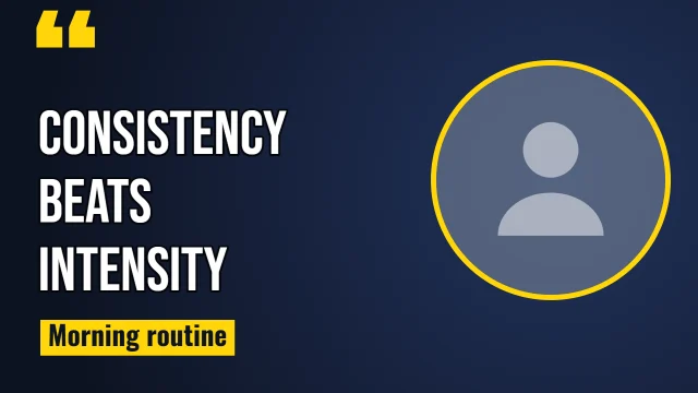 Fitness YouTube thumbnail template: Quote Card layout in the Night Shift colourway, sample words "CONSISTENCY BEATS INTENSITY Morning routine", with 1 empty photo slot (Guest)