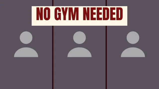 Fitness YouTube thumbnail template: Triptych layout in the Hot Sauce colourway, sample words "NO GYM NEEDED", with 3 empty photo slots (Photo 1, Photo 2, Photo 3)