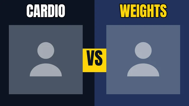 Fitness YouTube thumbnail template: Head to Head layout in the Night Shift colourway, sample words "CARDIO WEIGHTS VS", with 2 empty photo slots (Option A, Option B)
