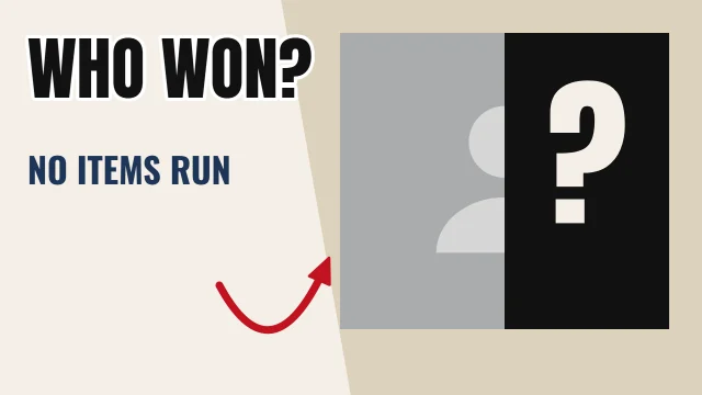 Gaming YouTube thumbnail template: Hidden layout in the Newsprint colourway, sample words "WHO WON? NO ITEMS RUN ?", with 1 empty photo slot (The reveal)