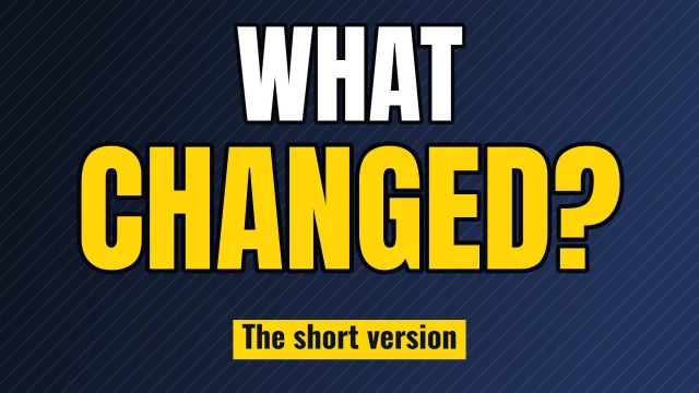 News YouTube thumbnail template: Big Question layout in the Night Shift colourway, sample words "WHAT CHANGED? The short version"