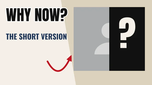 News YouTube thumbnail template: Hidden layout in the Newsprint colourway, sample words "WHY NOW? THE SHORT VERSION ?", with 1 empty photo slot (The reveal)