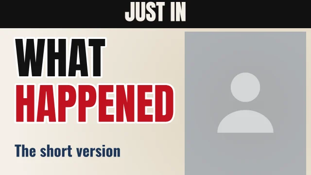 News YouTube thumbnail template: Warning layout in the Newsprint colourway, sample words "JUST IN WHAT HAPPENED The short version", with 1 empty photo slot (Your face)