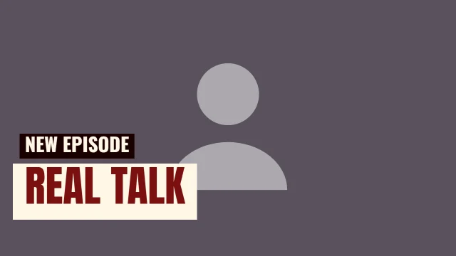 Podcast YouTube thumbnail template: Caption Box layout in the Hot Sauce colourway, sample words "REAL TALK NEW EPISODE", with 1 empty photo slot (Your photo)