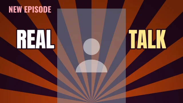 Podcast YouTube thumbnail template: Centre Stage layout in the Dusk colourway, sample words "REAL TALK NEW EPISODE", with 1 empty photo slot (Your face)