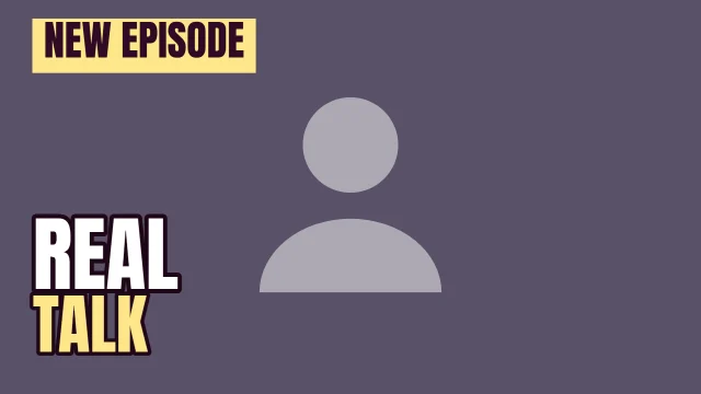 Podcast YouTube thumbnail template: Corner Tag layout in the Dusk colourway, sample words "NEW EPISODE REAL TALK", with 1 empty photo slot (Your photo)
