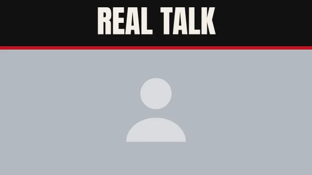 Podcast YouTube thumbnail template: Top Bar layout in the Newsprint colourway, sample words "REAL TALK", with 1 empty photo slot (Your photo)