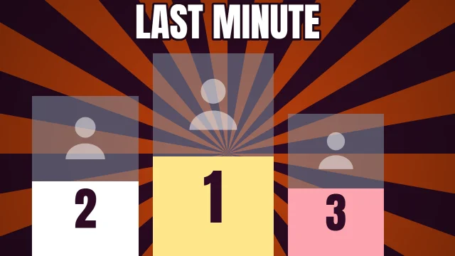 Sports YouTube thumbnail template: Podium layout in the Dusk colourway, sample words "LAST MINUTE 2 1 3", with 3 empty photo slots (Second place, First place, Third place)