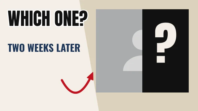 Tech YouTube thumbnail template: Hidden layout in the Newsprint colourway, sample words "WHICH ONE? TWO WEEKS LATER ?", with 1 empty photo slot (The reveal)
