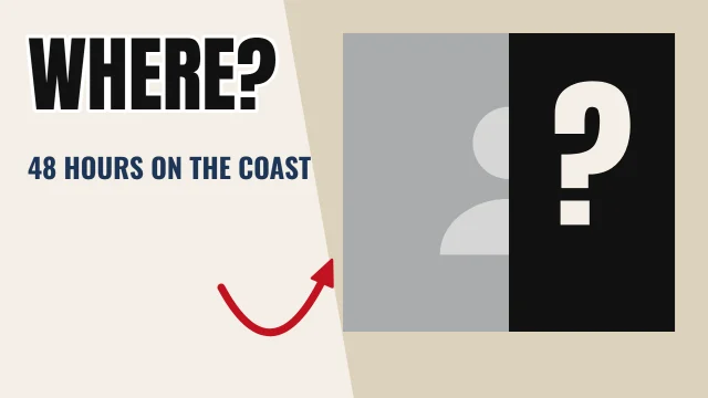 Travel YouTube thumbnail template: Hidden layout in the Newsprint colourway, sample words "WHERE? 48 HOURS ON THE COAST ?", with 1 empty photo slot (The reveal)