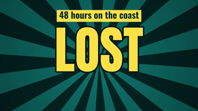Travel YouTube thumbnail template: One Word layout in the Tide Pool colourway, sample words "LOST 48 hours on the coast"