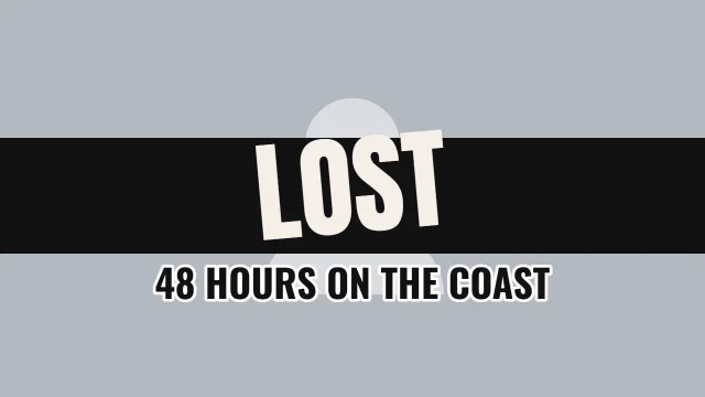 Travel YouTube thumbnail template: Tilted layout in the Newsprint colourway, sample words "LOST 48 HOURS ON THE COAST", with 1 empty photo slot (Your photo)