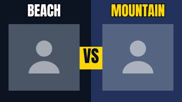 Travel YouTube thumbnail template: Head to Head layout in the Night Shift colourway, sample words "BEACH MOUNTAIN VS", with 2 empty photo slots (Option A, Option B)