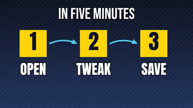 Tutorial YouTube thumbnail template: Three Steps layout in the Night Shift colourway, sample words "IN FIVE MINUTES 1 OPEN 2 TWEAK 3 SAVE"
