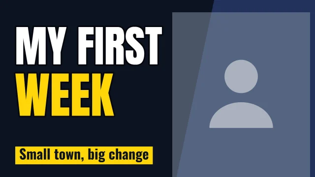 Vlog YouTube thumbnail template: Face Right layout in the Night Shift colourway, sample words "MY FIRST WEEK Small town, big change", with 1 empty photo slot (Your face)